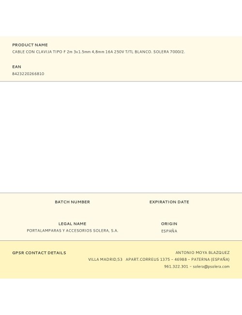 Cable con clavija tipo f 2m 3x1.5mm 4,8mm 16a 250v t/tl blanco. solera 7000/2.