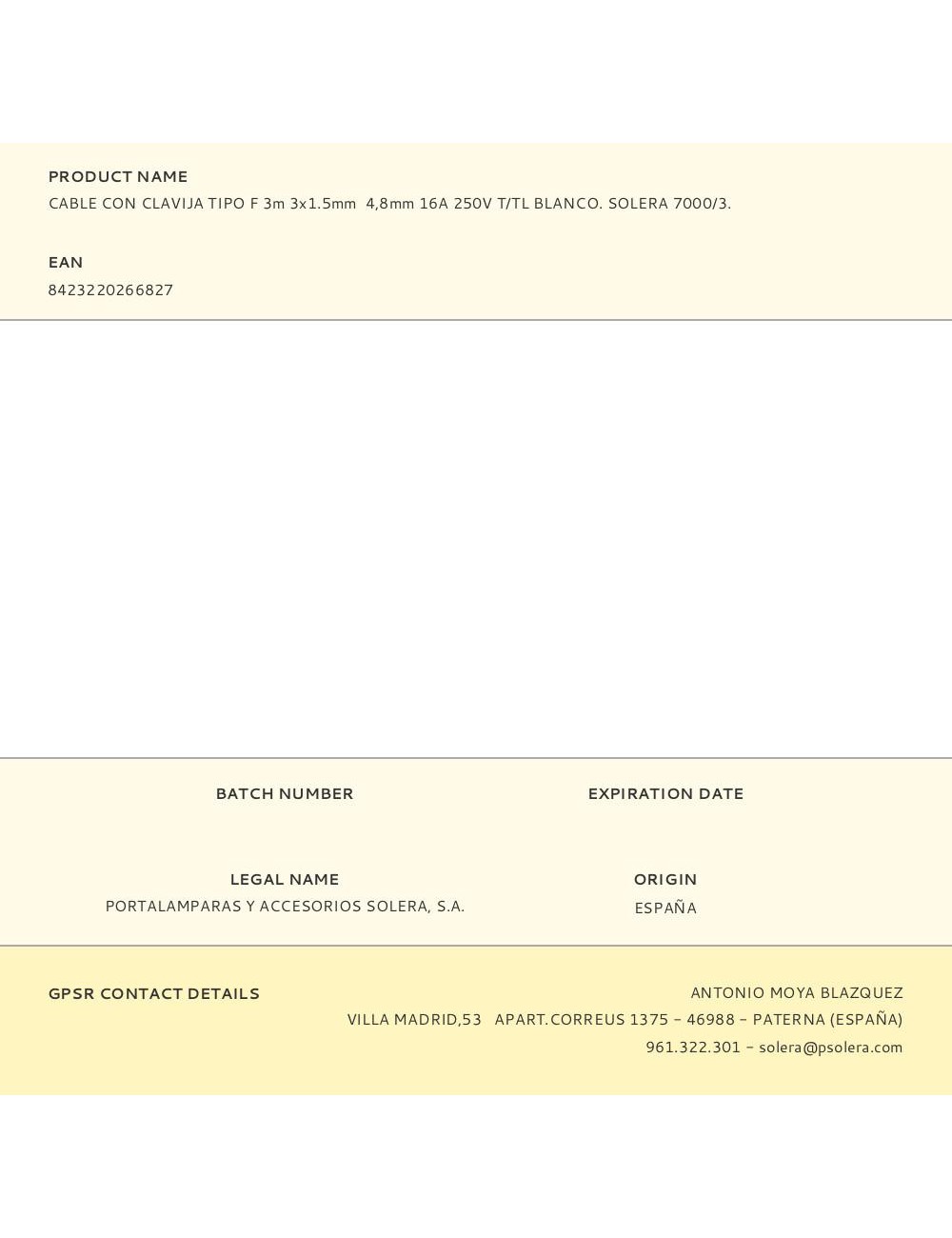 Cable con clavija tipo f 3m 3x1.5mm 4,8mm 16a 250v t/tl blanco. solera 7000/3.