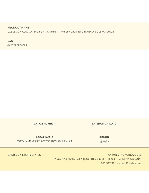 Cable con clavija tipo f 3m 3x1.5mm 4,8mm 16a 250v t/tl blanco. solera 7000/3.