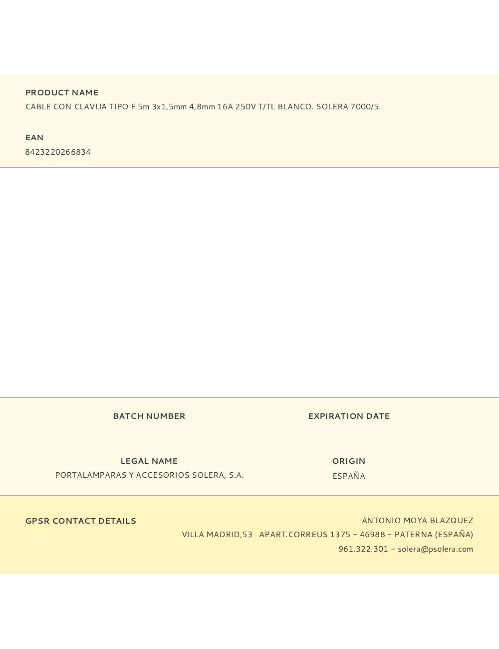 Cable con clavija tipo f 5m 3x1,5mm 4,8mm 16a 250v t/tl blanco. solera 7000/5.