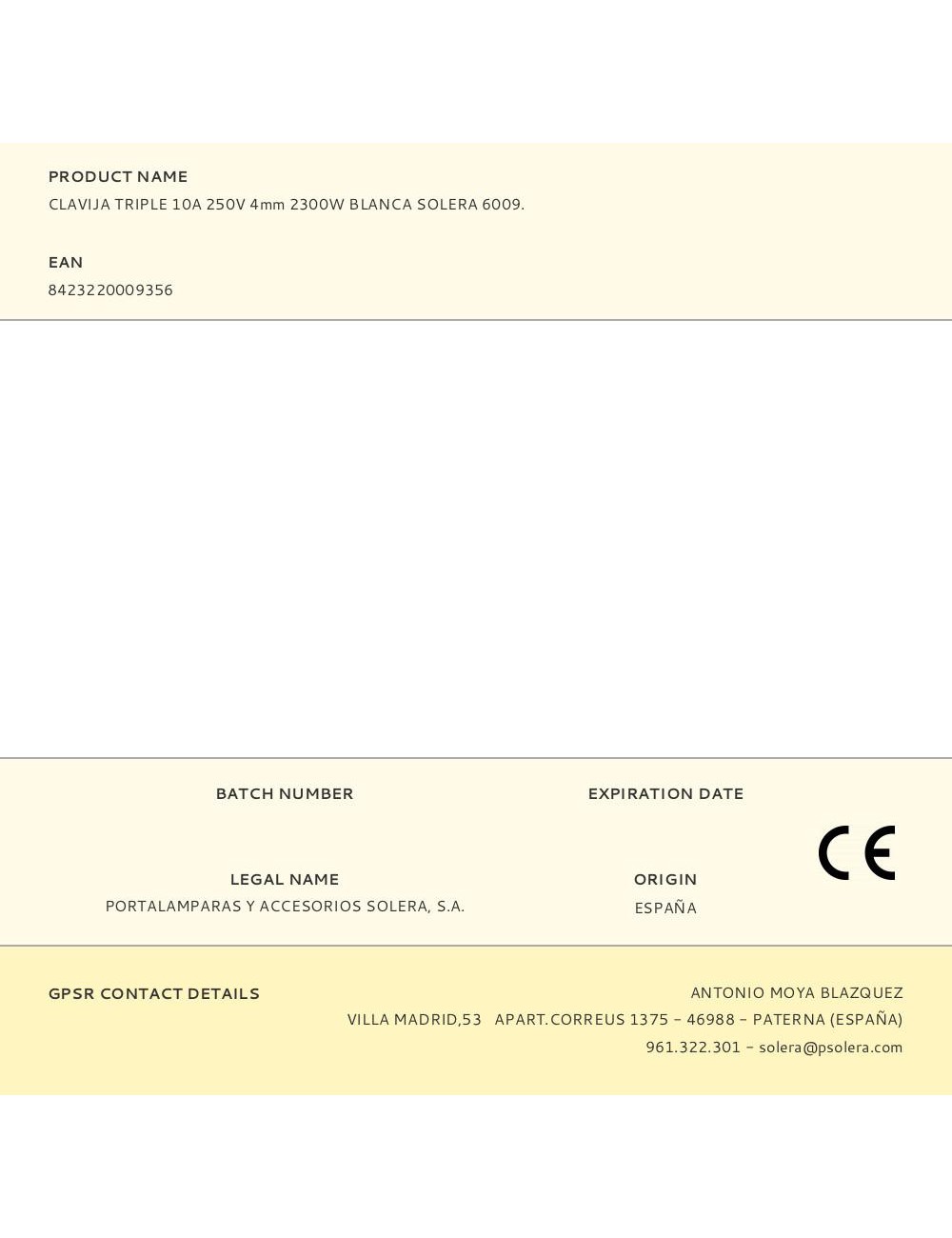 Clavija triple 10a 250v 4mm 2300w blanca solera 6009.