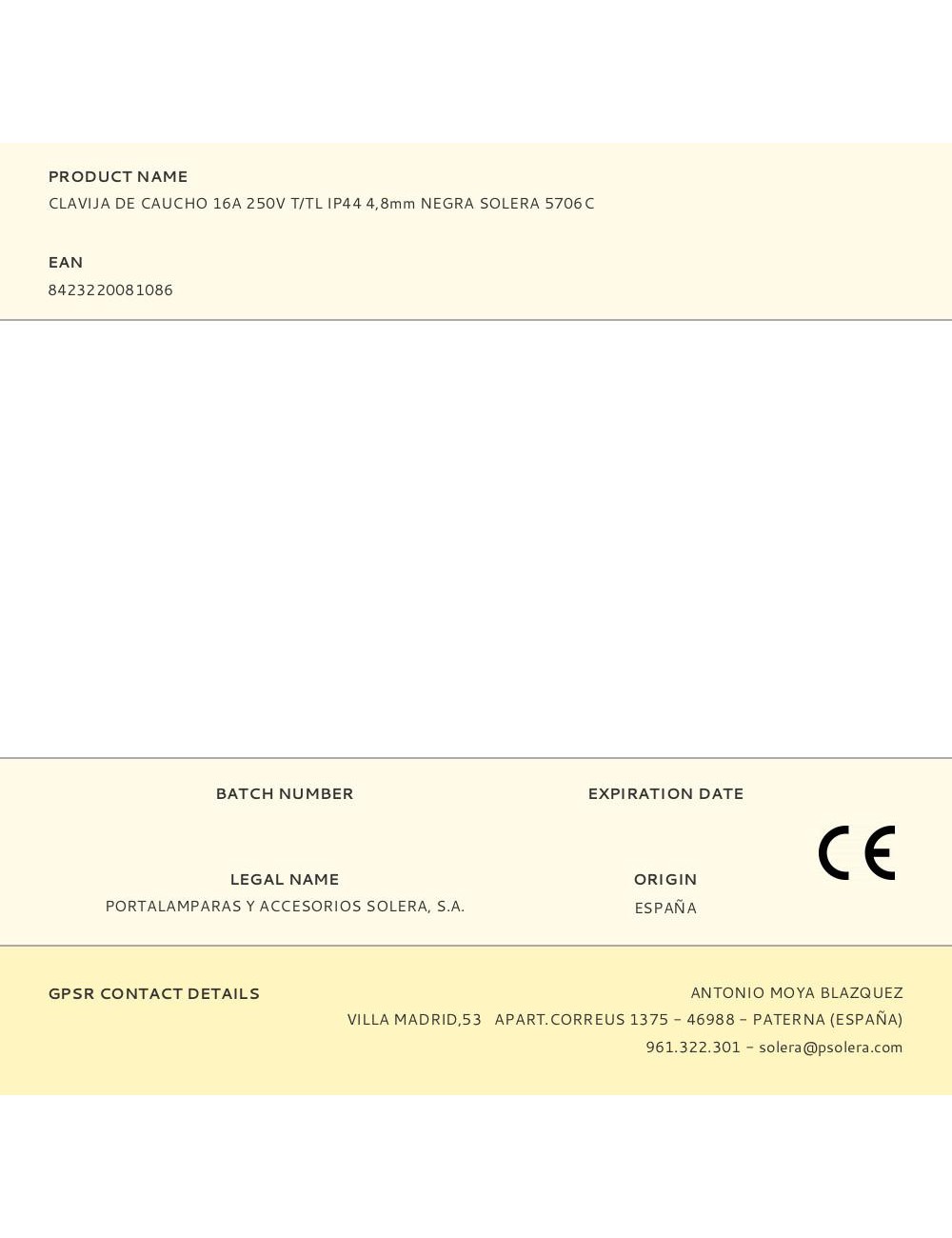 Clavija de caucho 16a 250v t/tl ip44 4,8mm negra solera 5706c