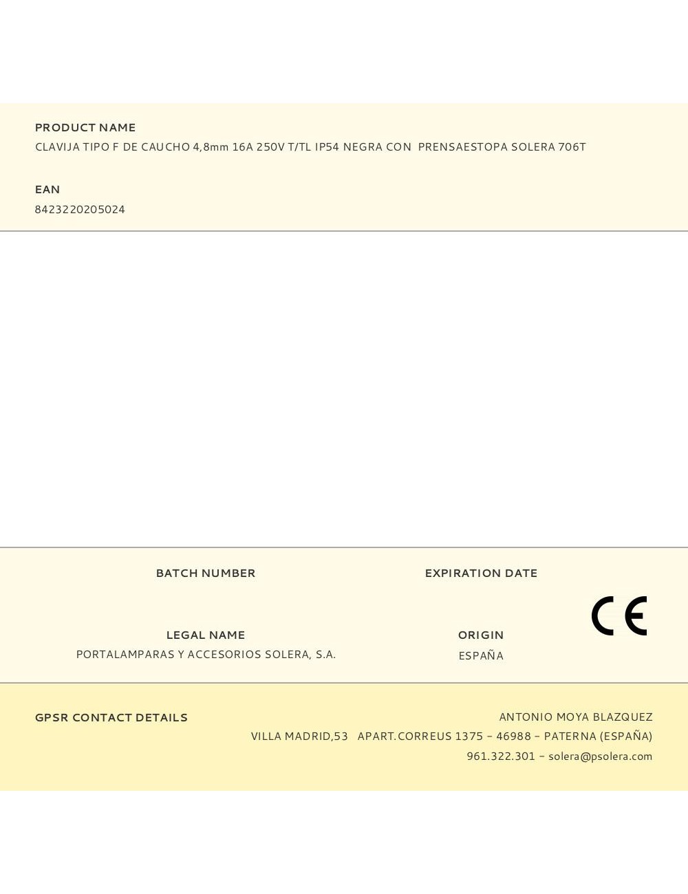 Clavija tipo f de caucho 4,8mm 16a 250v t/tl ip54 negra con prensaestopa solera 706t