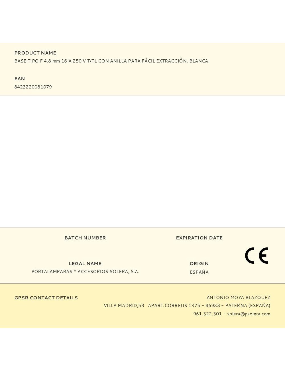 Base tipo f 4,8 mm 16 a 250 v t/tl con anilla para fácil extracción, blanca