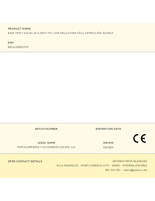 Base tipo f 4,8 mm 16 a 250 v t/tl con anilla para fácil extracción, blanca