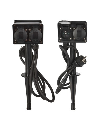 Base múltiple, 2 uds, 2 tomas schuko estaca jardin, con tapas, ip44 negra