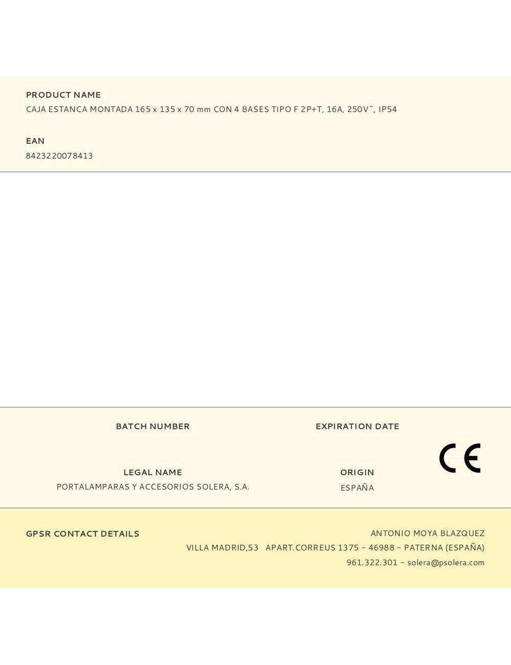 Caja estanca montada 165 x 135 x 70 mm con 4 bases tipo f 2p+t, 16a, 250v~, ip54