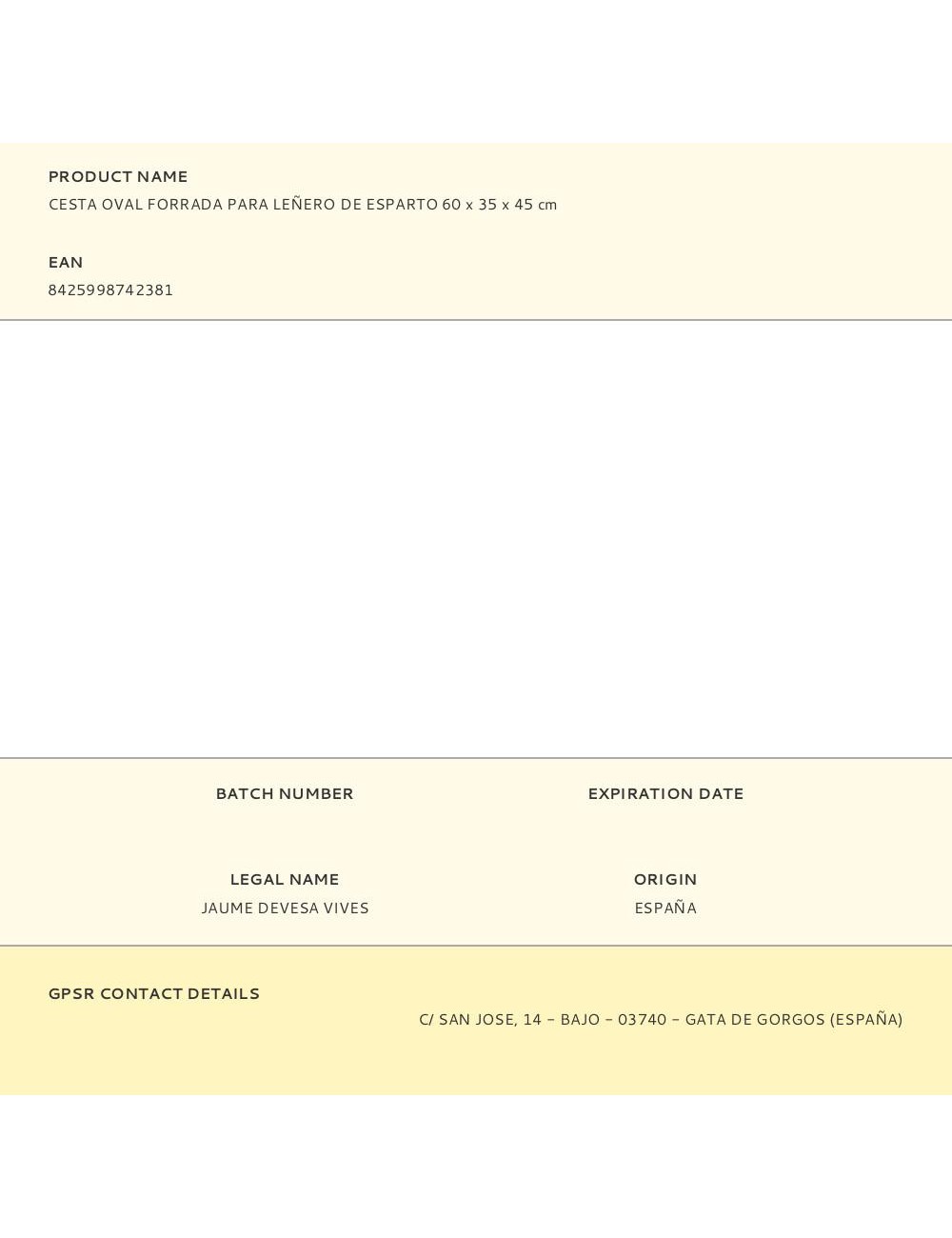 Cesta oval forrada para leñero de esparto 60 x 35 x 45 cm