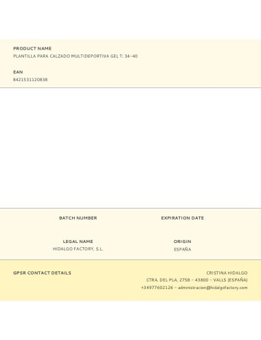 Plantilla para calzado multideportiva gel t: 34-40