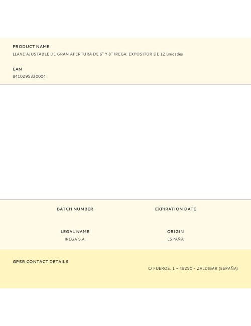 Llave ajustable de gran apertura de 6" y 8" irega. expositor de 12 unidades