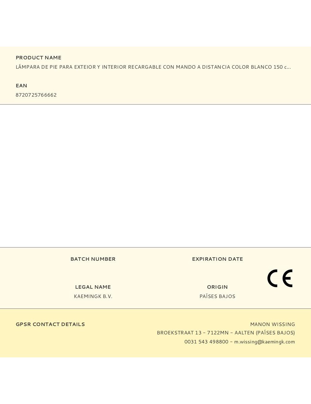 Lámpara de pie para exterior y interior recargable con mando a distancia color blanco 150 cm