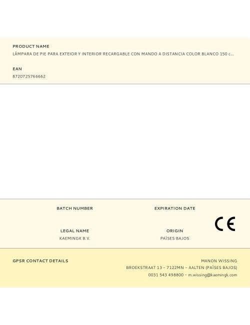 Lámpara de pie para exterior y interior recargable con mando a distancia color blanco 150 cm