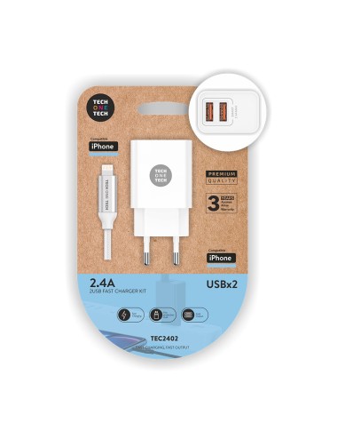 Cargador doble blanco + cable nylon ligthning 2,4 a 12 w 5 v