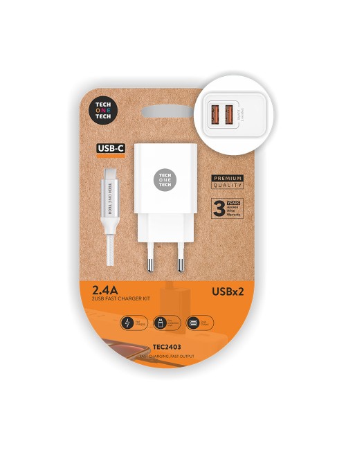 Cargador doble blanco + cable nylon usb-c 2,4 a 12 w 5 v