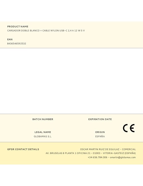 Cargador doble blanco + cable nylon usb-c 2,4 a 12 w 5 v