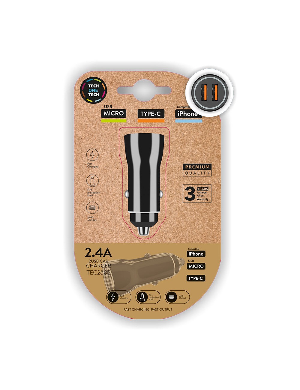 Cargador doble mechero coche negro 2,4a -12w tech one tech