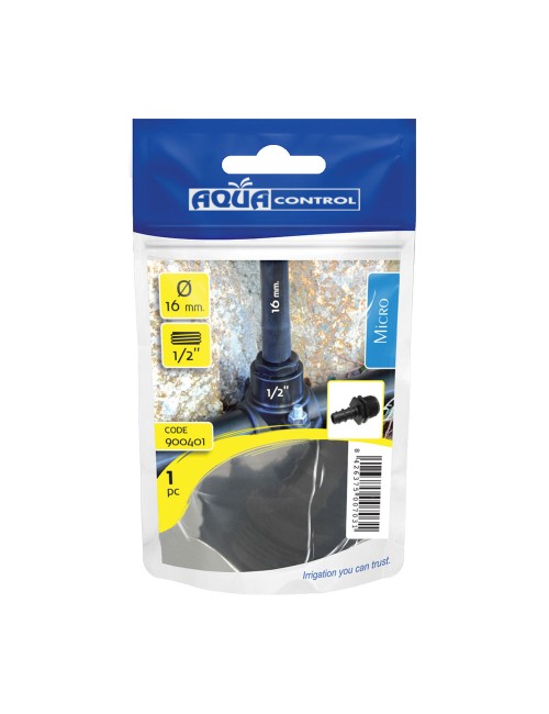 Adaptador macho tubo 16mm a rosca 1/2" en bolsa zip 1 unidad 900401 aqua control