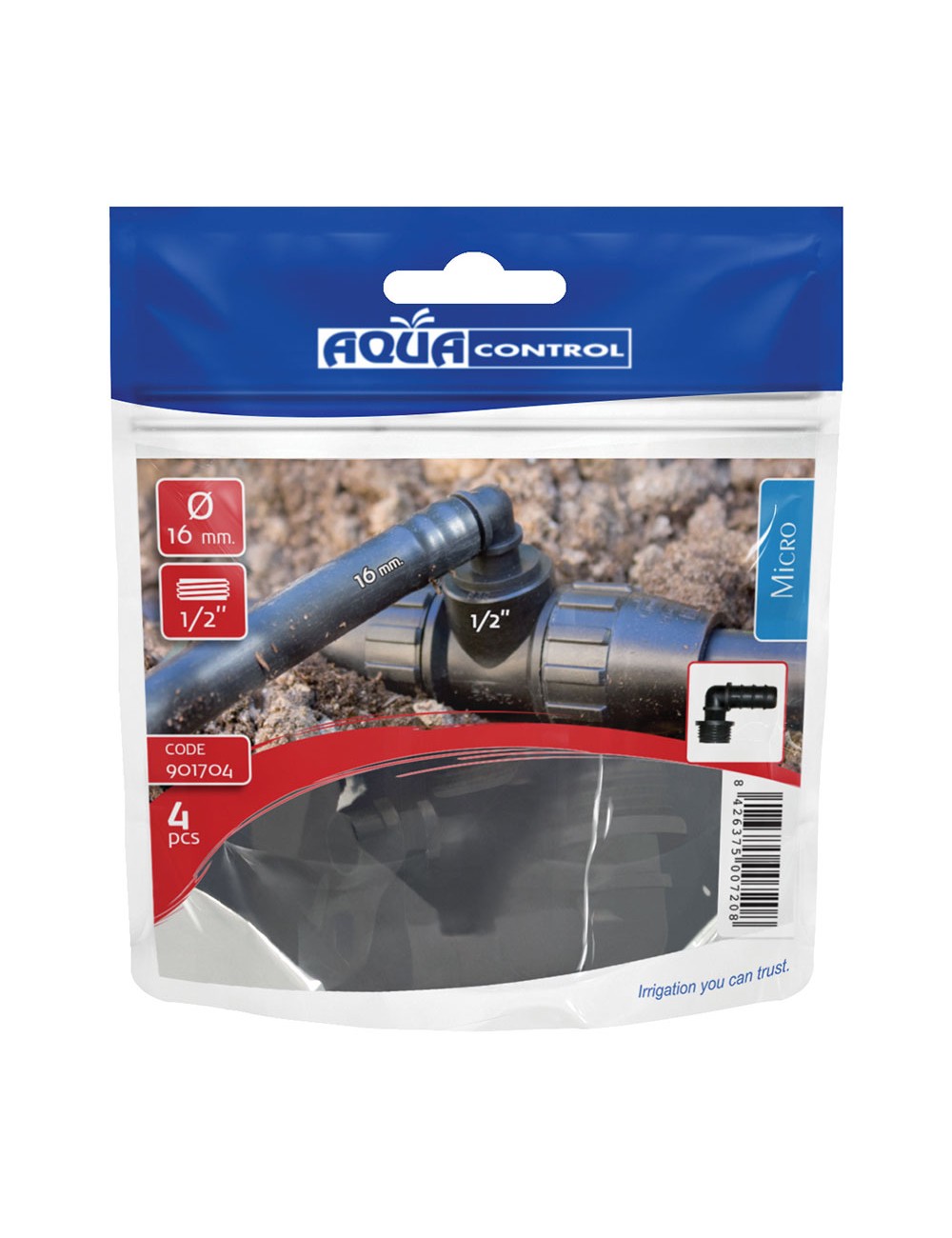 Codo mixto tubo 16mm a rosca macho 1/2" a tubo 16mm en bolsa zip 4 unidades 901704 aqua control