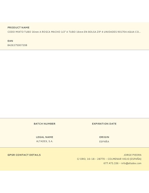 Codo mixto tubo 16mm a rosca macho 1/2" a tubo 16mm en bolsa zip 4 unidades 901704 aqua control