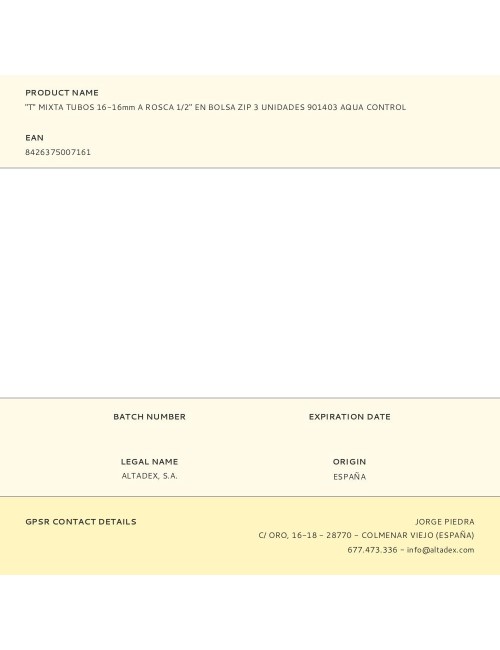 "t" mixta tubos 16-16mm a rosca 1/2" en bolsa zip 3 unidades 901403 aqua control