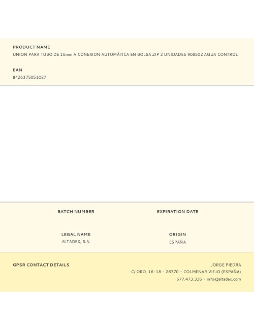 Union para tubo de 16mm a conexion automática en bolsa zip 2 unidades 908502 aqua control