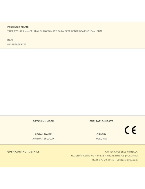 Tapa 175x175 mm cristal blanco mate para extractor 08413 ø10cm edm