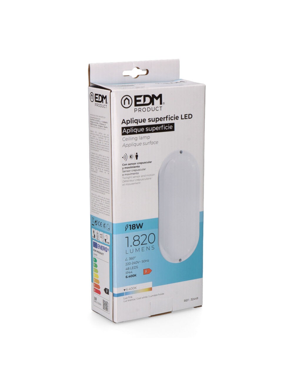 Aplique led oval con sensor crepuscular y de movimiento 18 w 1820 lm 6.400 k 23 x 10,2 x 4,5 cm