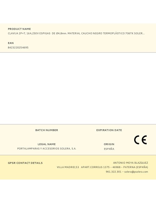 Clavija 2p+t, 16a,250v espigas de ø4,8mm. material caucho negro termoplástico 706tk solera