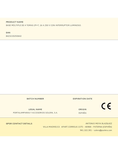 Base múltiple de 4 tomas 2p+t, 16 a 250 v con interruptor luminoso.