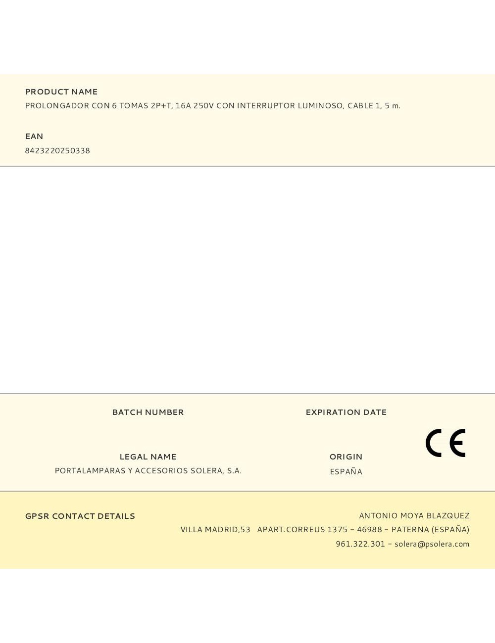 Base múltiple con 6 tomas 2p+t, con interruptor luminoso, 1,5 m cable h05vv-f 3g1,5 mm, blanca