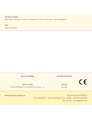 Base móvil bipolar con t/t lateral 2p+t tipo f 16 a 250 v, caucho negro