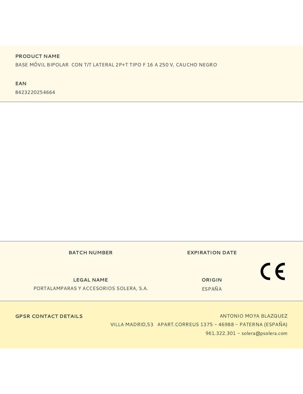 Base móvil bipolar con t/t lateral 2p+t tipo f 16 a 250 v, caucho negro