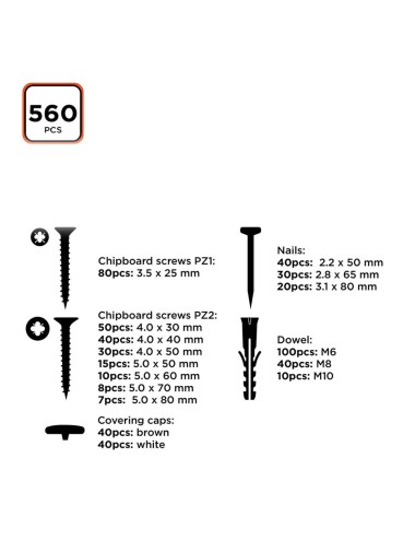 Tacos / tornillos / clavos, 560 piezas