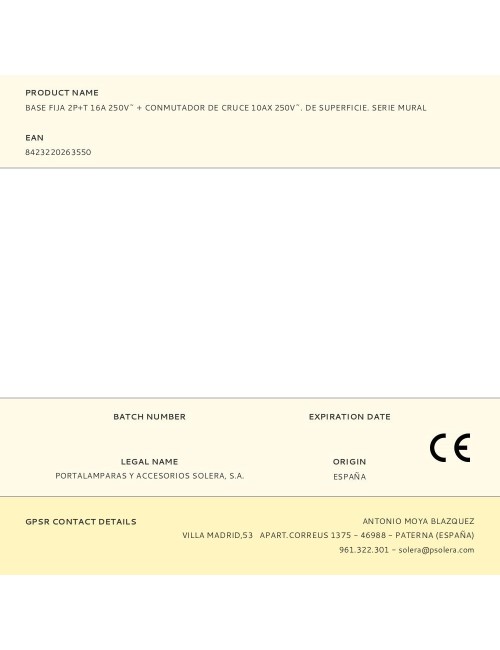 Base fija 2p+t 16a 250v~ + conmutador de cruce 10ax 250v~. de superficie. serie mural