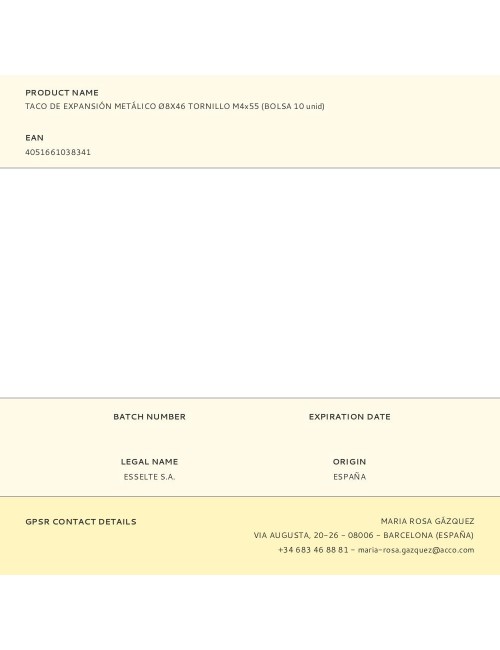 Taco de expansión metálico ø8x46 tornillo m4x55 (bolsa 10 unid)
