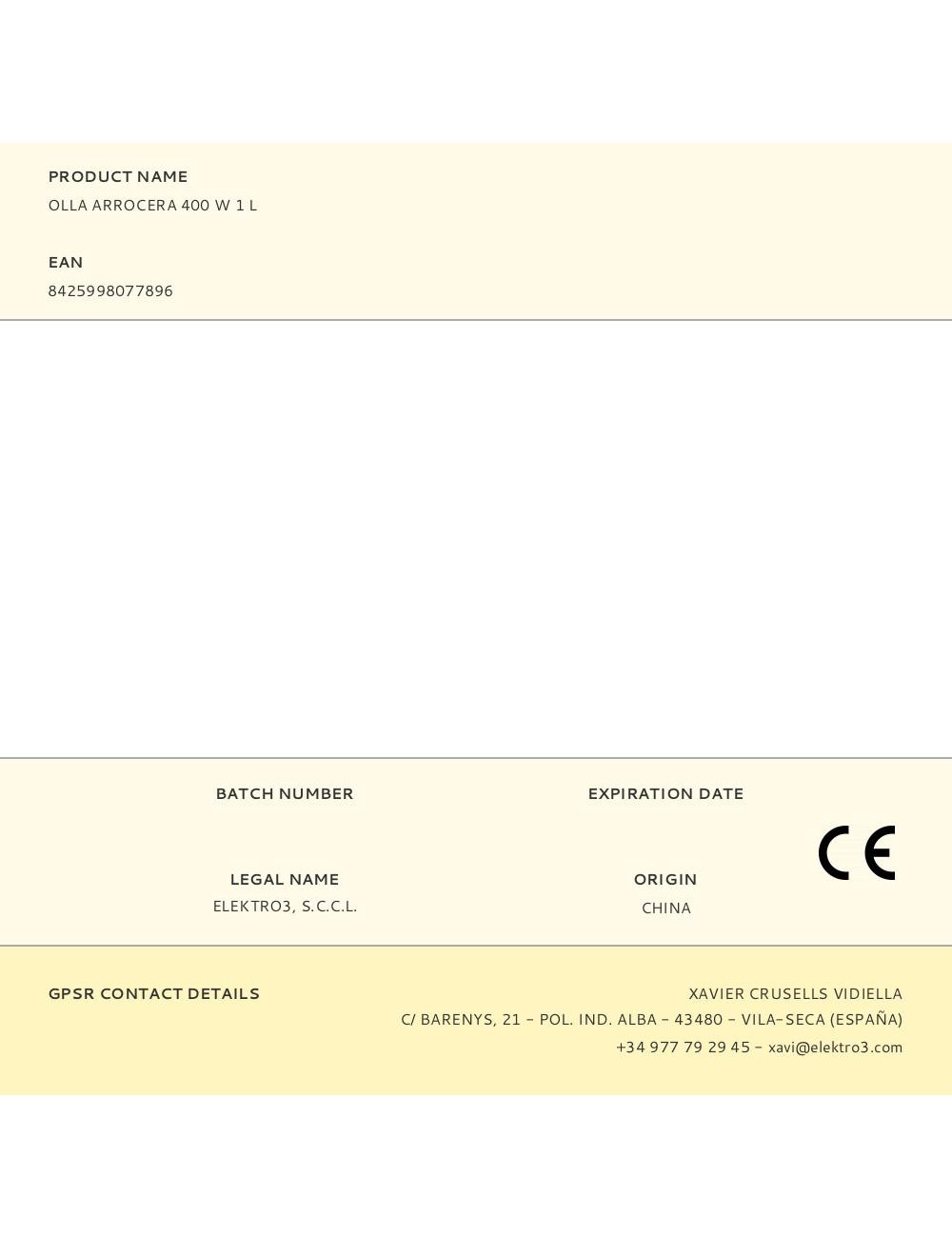 Olla arrocera 400 w 1 l