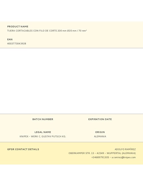 Tijera cortacables con filo de corte 200 mm ø20 mm / 70 mm