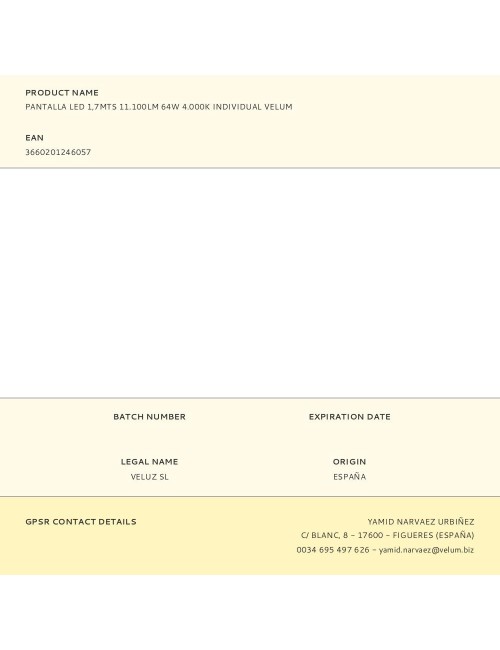 Pantalla led 1,7mts 11.100lm 64w 4.000k individual velum