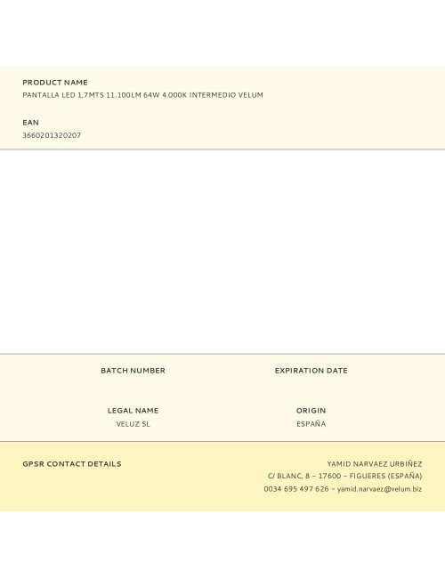 Pantalla led 1,7mts 11.100lm 64w 4.000k intermedio velum