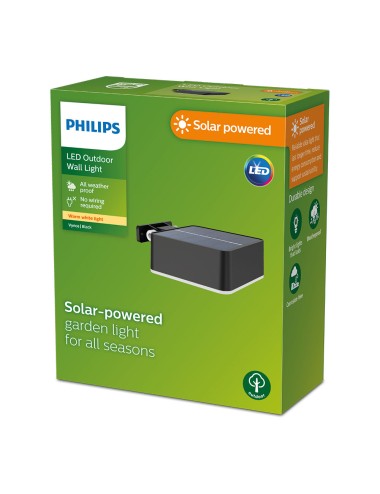 Aplique solar cuadrado, ip 44 1,5w, 200im 2700k, luz cálida, medidas: 10,5x4,6x13,6cm. philips