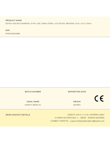 Estaca solar cuadrado, ip 44 1,5w, 200im 2700k, luz cálida, medidas: 10,5 x 13,5 x 54cm