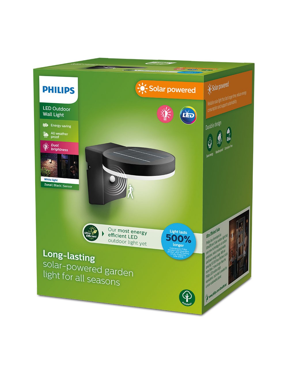 Aplique solar mural redondo ultraeficiente,ip44 1,3w, 250im 3000k, luz cálida. philips