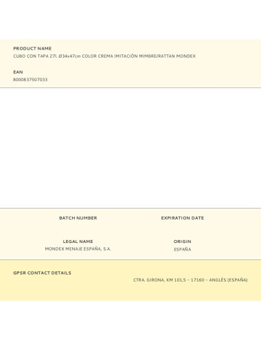 Cubo con tapa 27l. ø34x47cm color crema imitación mimbre/rattan mondex