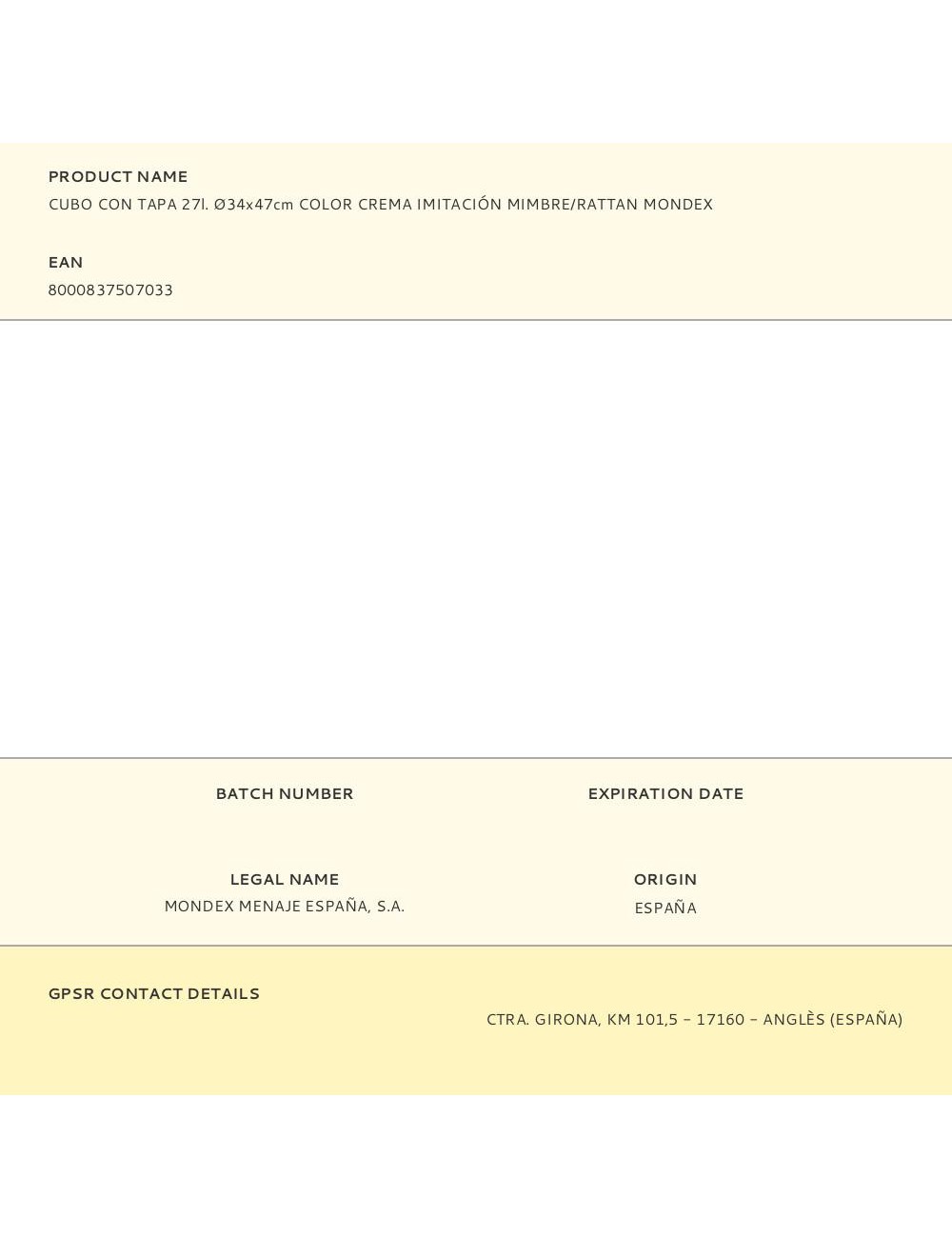 Cubo con tapa 27l. ø34x47cm color crema imitación mimbre/rattan mondex