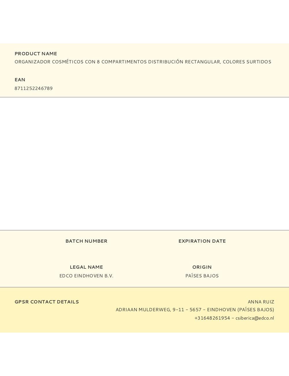 Organizador cosméticos con 8 compartimentos distribución rectangular, colores surtidos