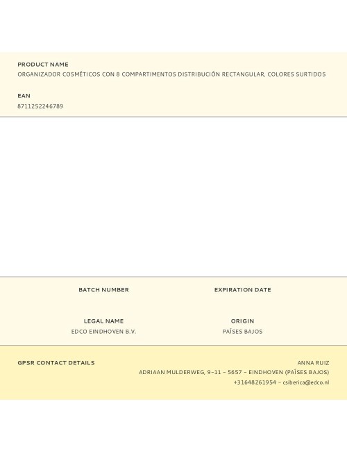 Organizador cosméticos con 8 compartimentos distribución rectangular, colores surtidos