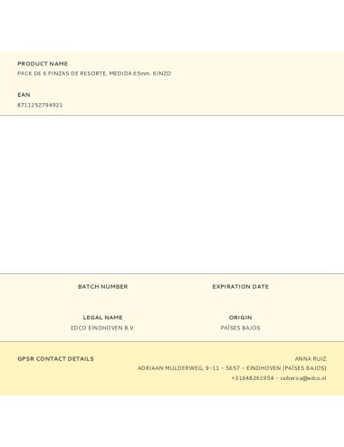 Pinza de resorte, medida 65 mm, pack de 6 uds