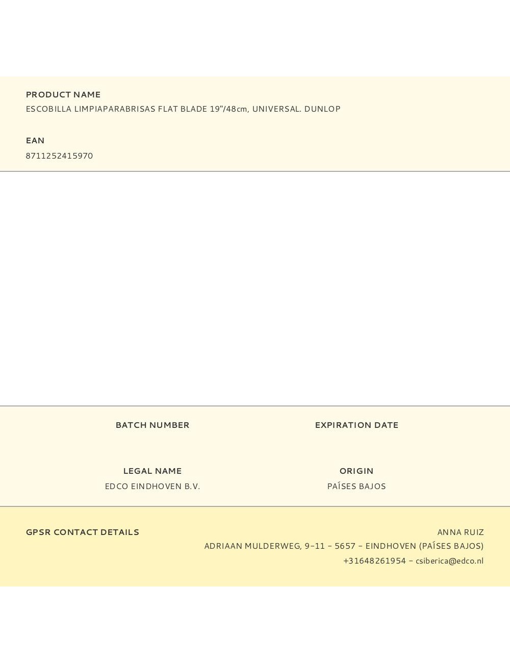 Escobilla limpiaparabrisas flat blade 19"/48cm, universal. dunlop