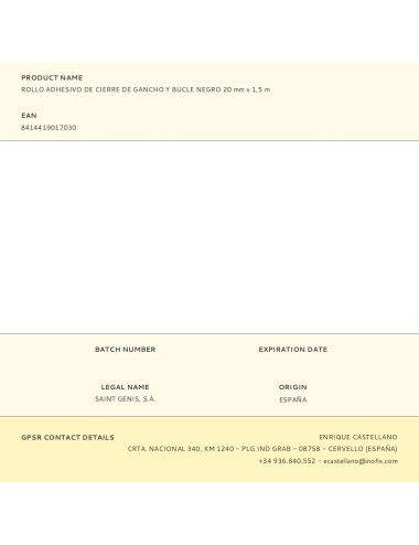 Rollo adhesivo de cierre de gancho y bucle negro 20 mm x 1,5 m