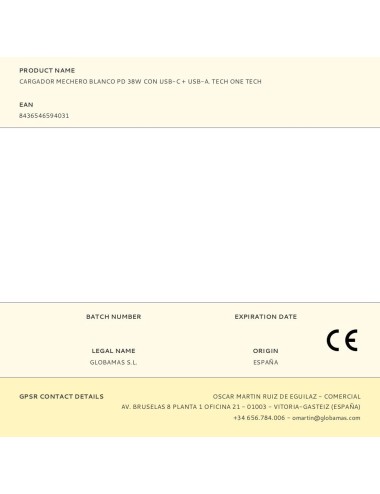 Cargador mechero blanco pd 38w con usb-c + usb-a. tech one tech